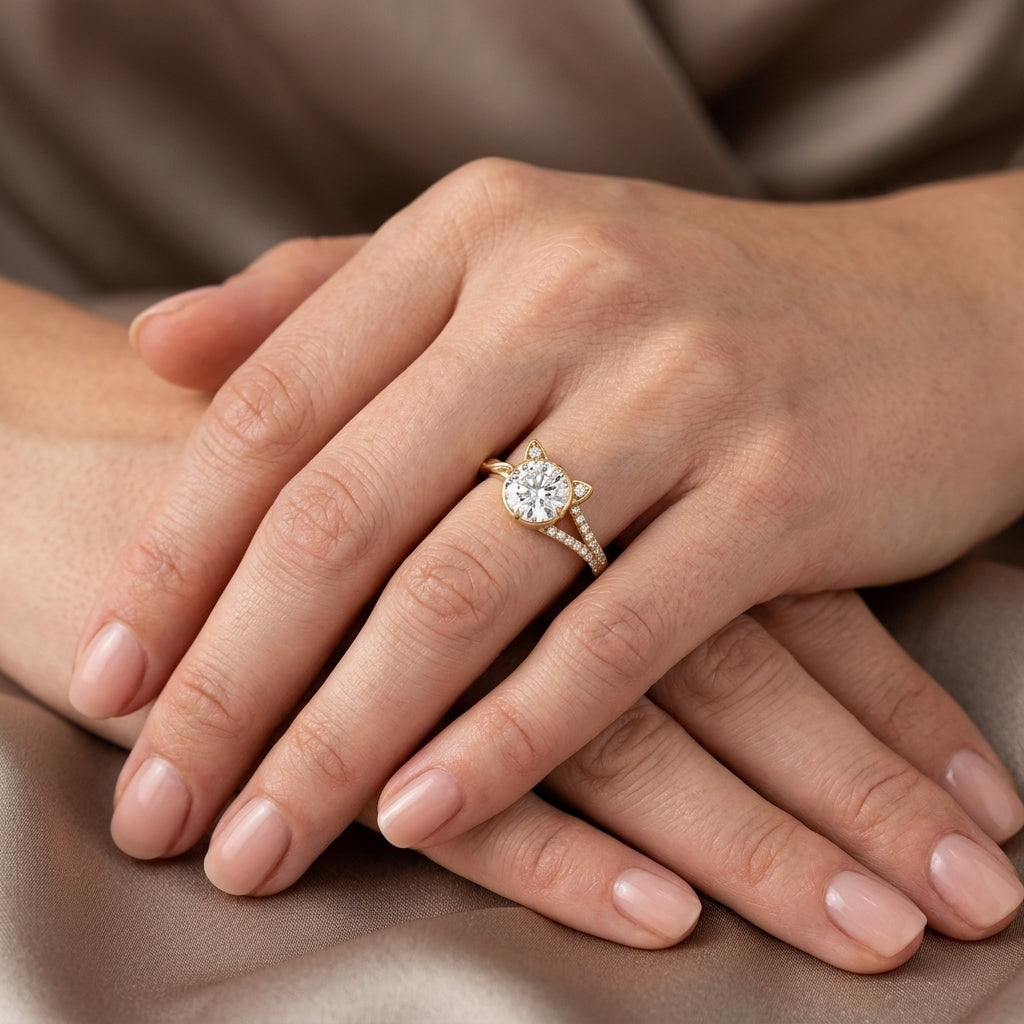 Round Cut Lab Grown Diamond Engagement Ring, Cat Ear Setting, Split Shank Yellow Gold Proposal Ring