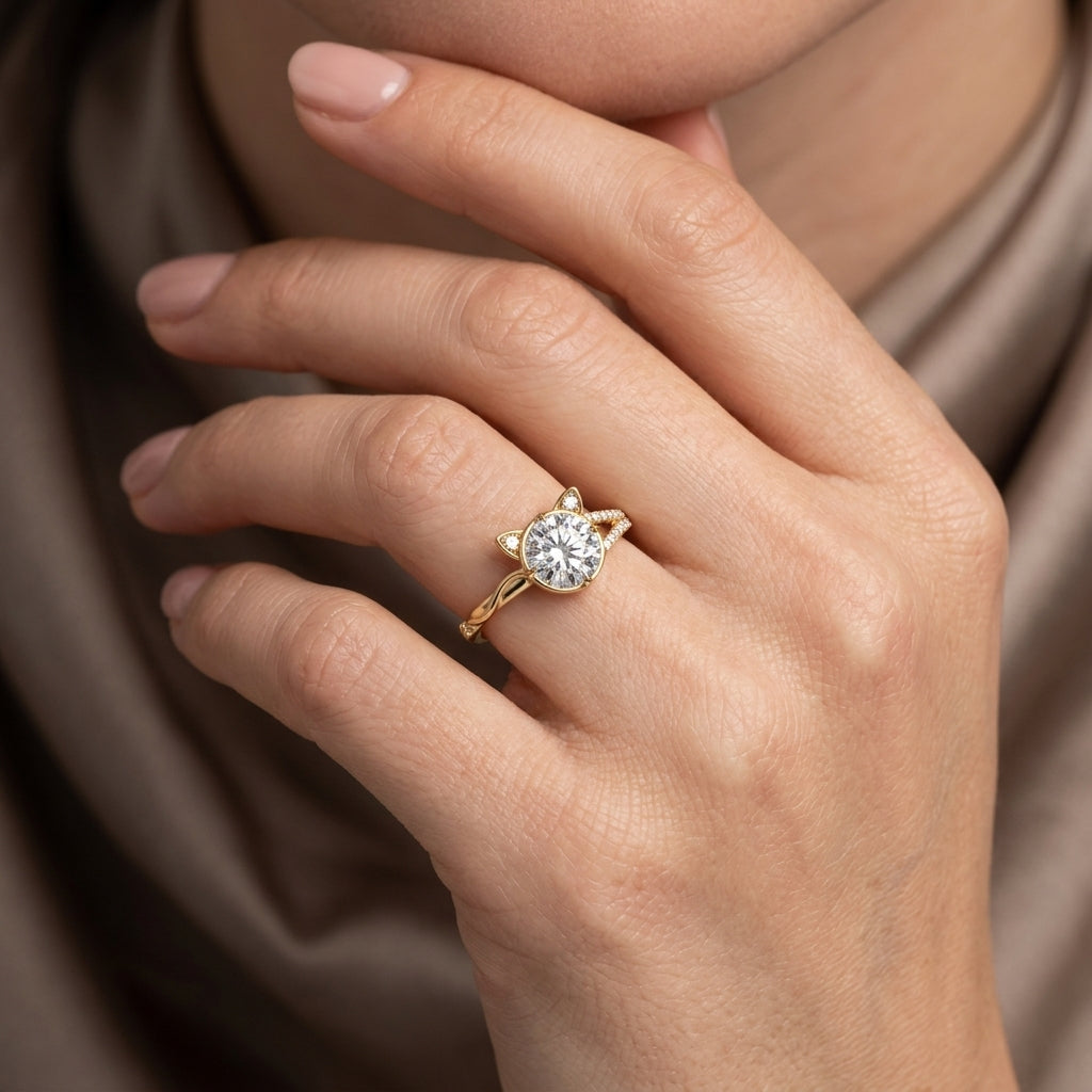 Round Cut Lab Grown Diamond Engagement Ring, Cat Ear Setting, Split Shank Yellow Gold Proposal Ring