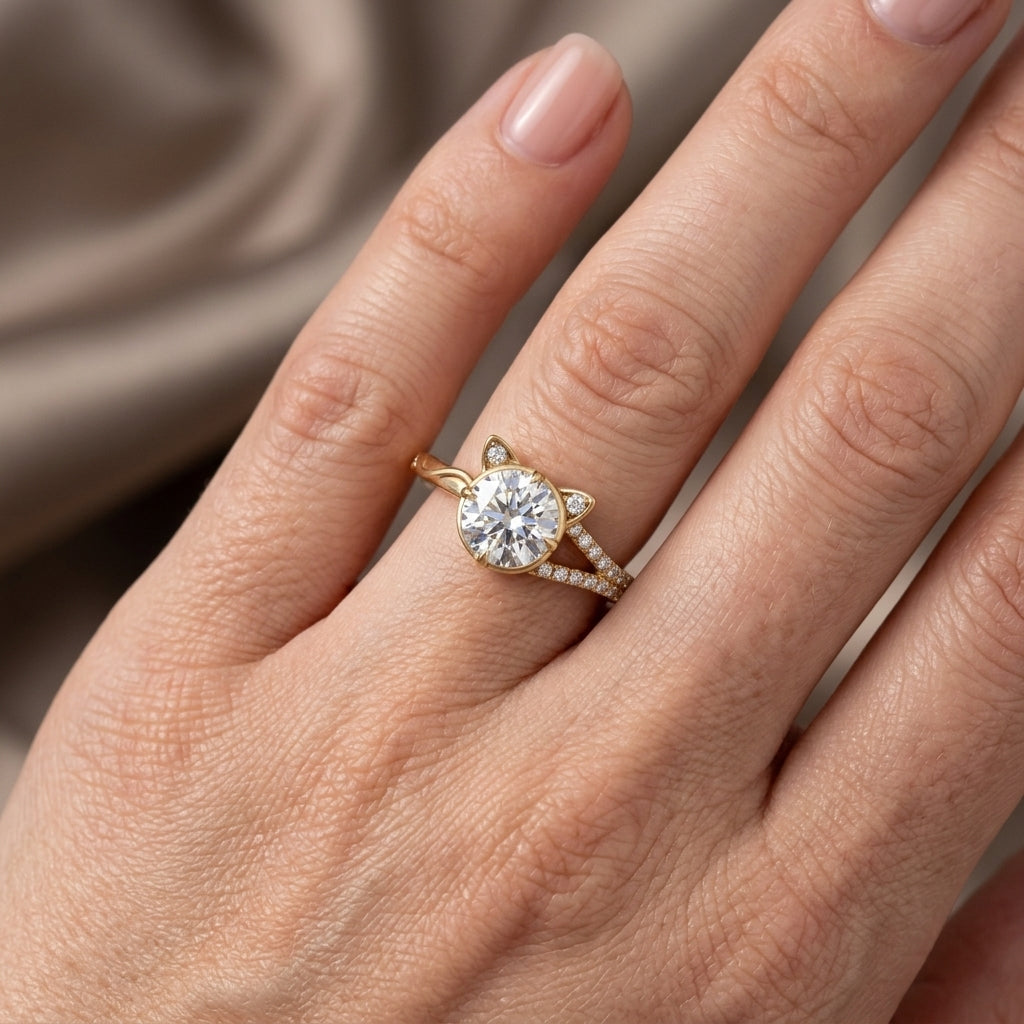 Round Cut Lab Grown Diamond Engagement Ring, Cat Ear Setting, Split Shank Yellow Gold Proposal Ring