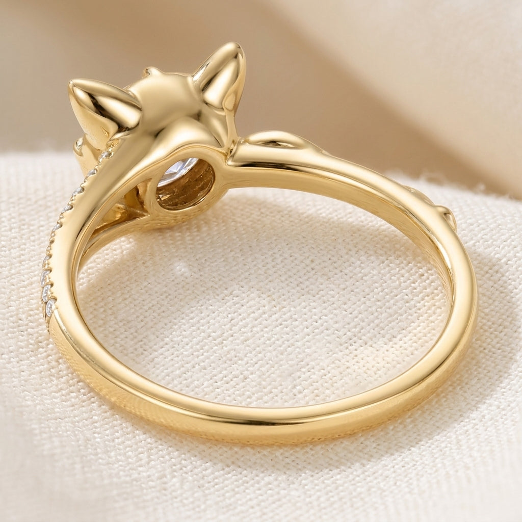 Round Cut Lab Grown Diamond Engagement Ring, Cat Ear Setting, Split Shank Yellow Gold Proposal Ring