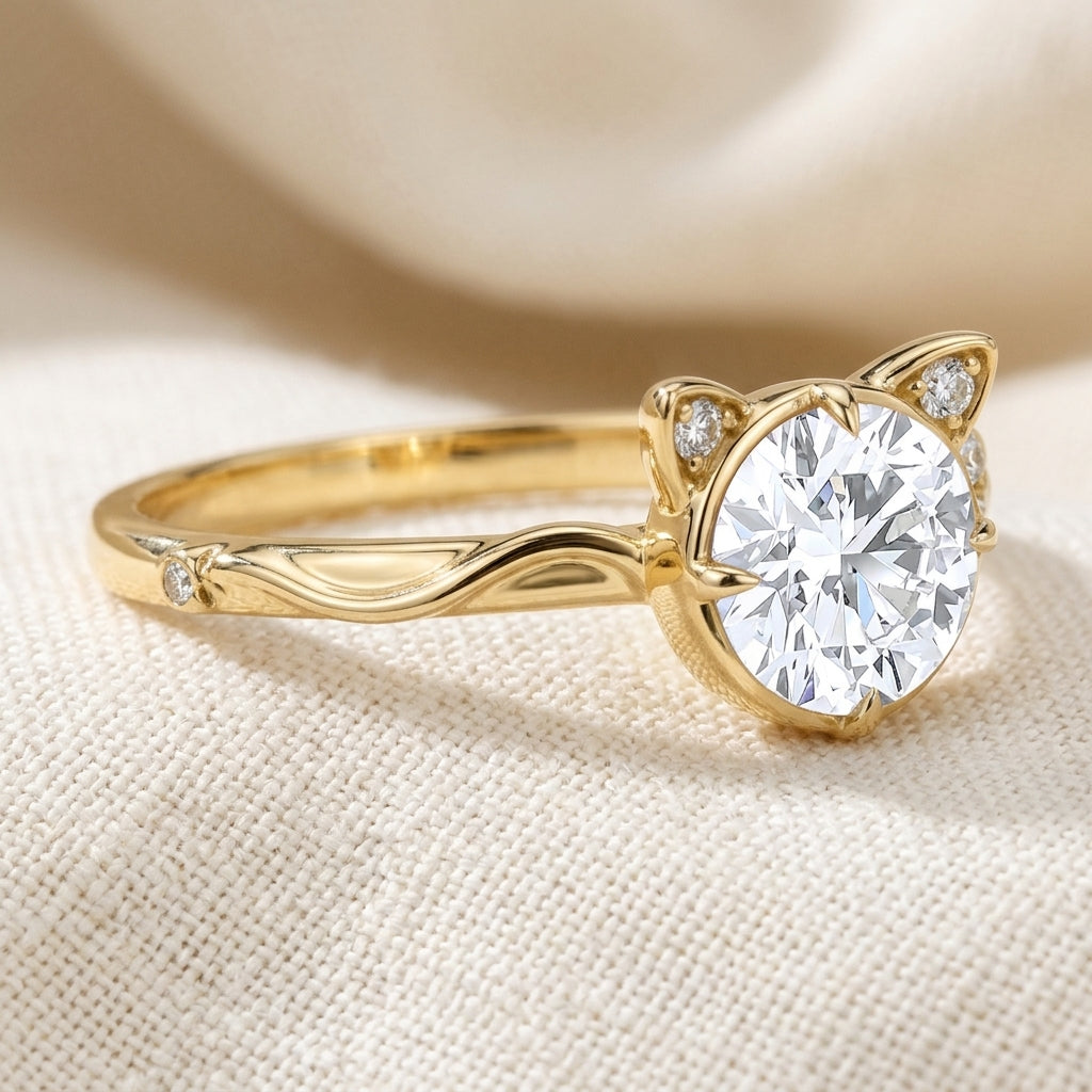 Round Cut Lab Grown Diamond Engagement Ring, Cat Ear Setting, Split Shank Yellow Gold Proposal Ring