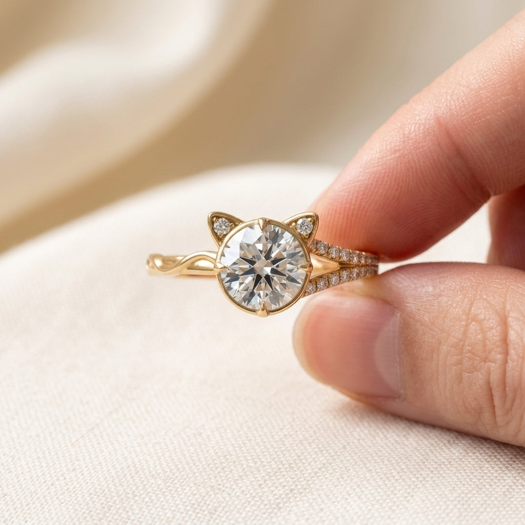 Round Cut Lab Grown Diamond Engagement Ring, Cat Ear Setting, Split Shank Yellow Gold Proposal Ring