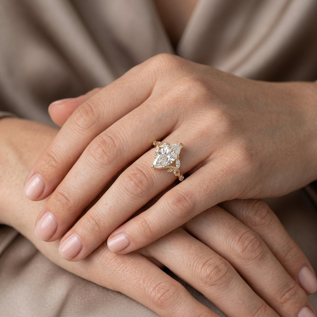 Marquise Cut Lab Grown Diamond Engagement Ring, Nature Inspired Leaf and Vine Ring, Yellow Gold Floral Side Stone Proposal Ring