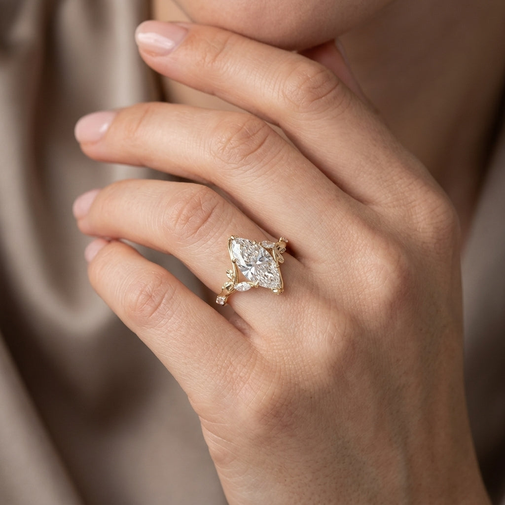 Marquise Cut Lab Grown Diamond Engagement Ring, Nature Inspired Leaf and Vine Ring, Yellow Gold Floral Side Stone Proposal Ring
