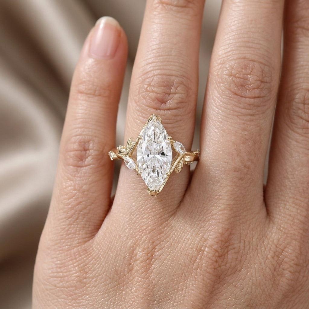 Marquise Cut Lab Grown Diamond Engagement Ring, Nature Inspired Leaf and Vine Ring, Yellow Gold Floral Side Stone Proposal Ring