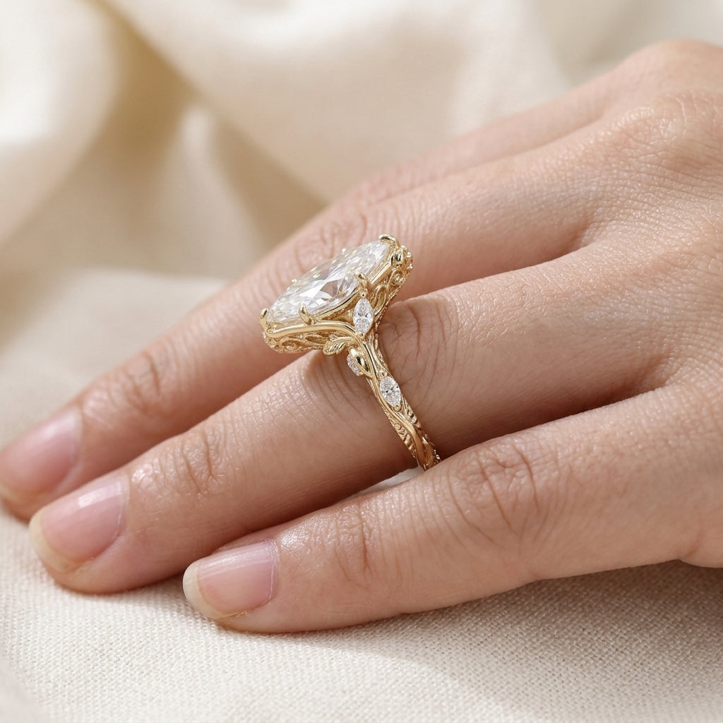 Marquise Cut Lab Grown Diamond Engagement Ring, Nature Inspired Leaf and Vine Ring, Yellow Gold Floral Side Stone Proposal Ring
