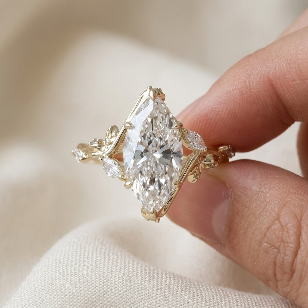 Marquise Cut Lab Grown Diamond Engagement Ring, Nature Inspired Leaf and Vine Ring, Yellow Gold Floral Side Stone Proposal Ring
