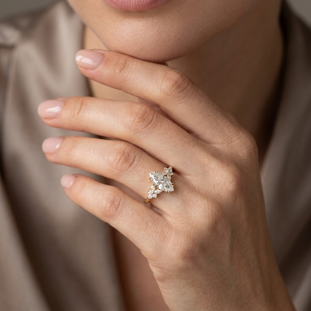 Marquise Cut Lab Grown Diamond Engagement Ring, Floral Cluster Side Stones, Nature Inspired Yellow Gold Proposal Ring