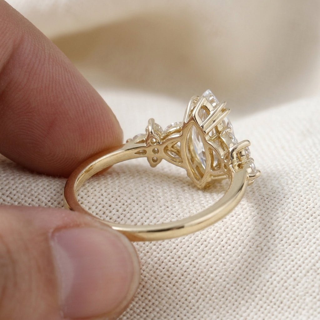 Marquise Cut Lab Grown Diamond Engagement Ring, Floral Cluster Side Stones, Nature Inspired Yellow Gold Proposal Ring