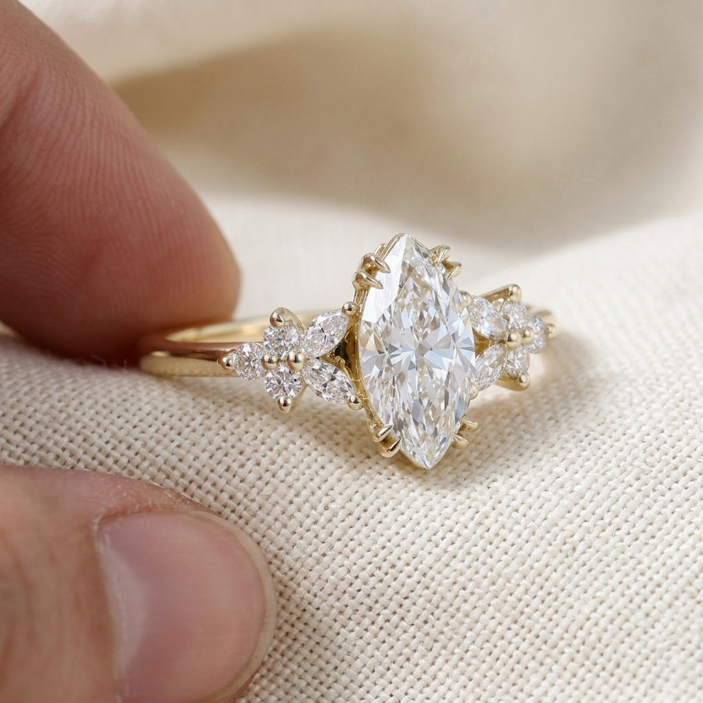 Marquise Cut Lab Grown Diamond Engagement Ring, Floral Cluster Side Stones, Nature Inspired Yellow Gold Proposal Ring