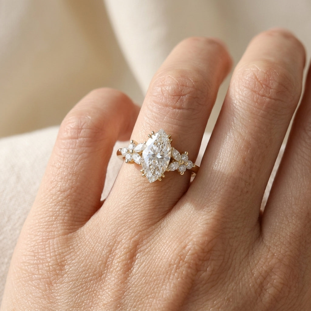 Marquise Cut Lab Grown Diamond Engagement Ring, Floral Cluster Side Stones, Nature Inspired Yellow Gold Proposal Ring