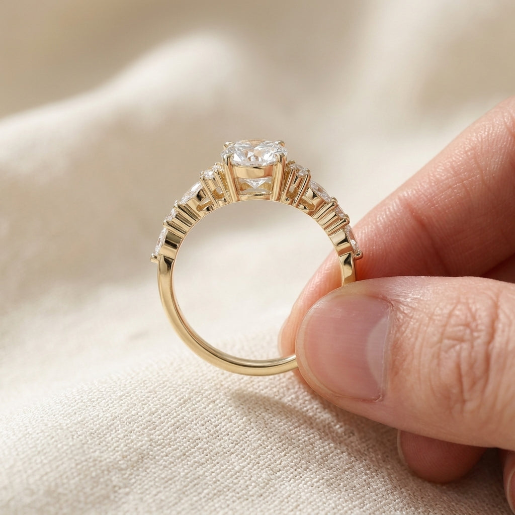 Round Cut Lab Grown Diamond Engagement Ring, Marquise Floral Side Stones, Nature Inspired Yellow Gold Proposal Ring