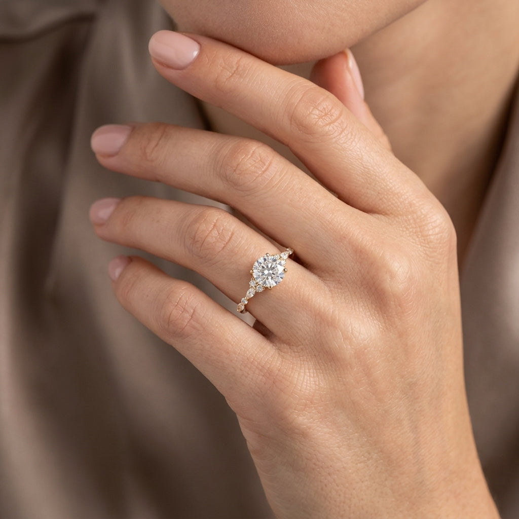 Round Cut Lab Grown Diamond Engagement Ring, Marquise Floral Side Stones, Nature Inspired Yellow Gold Proposal Ring