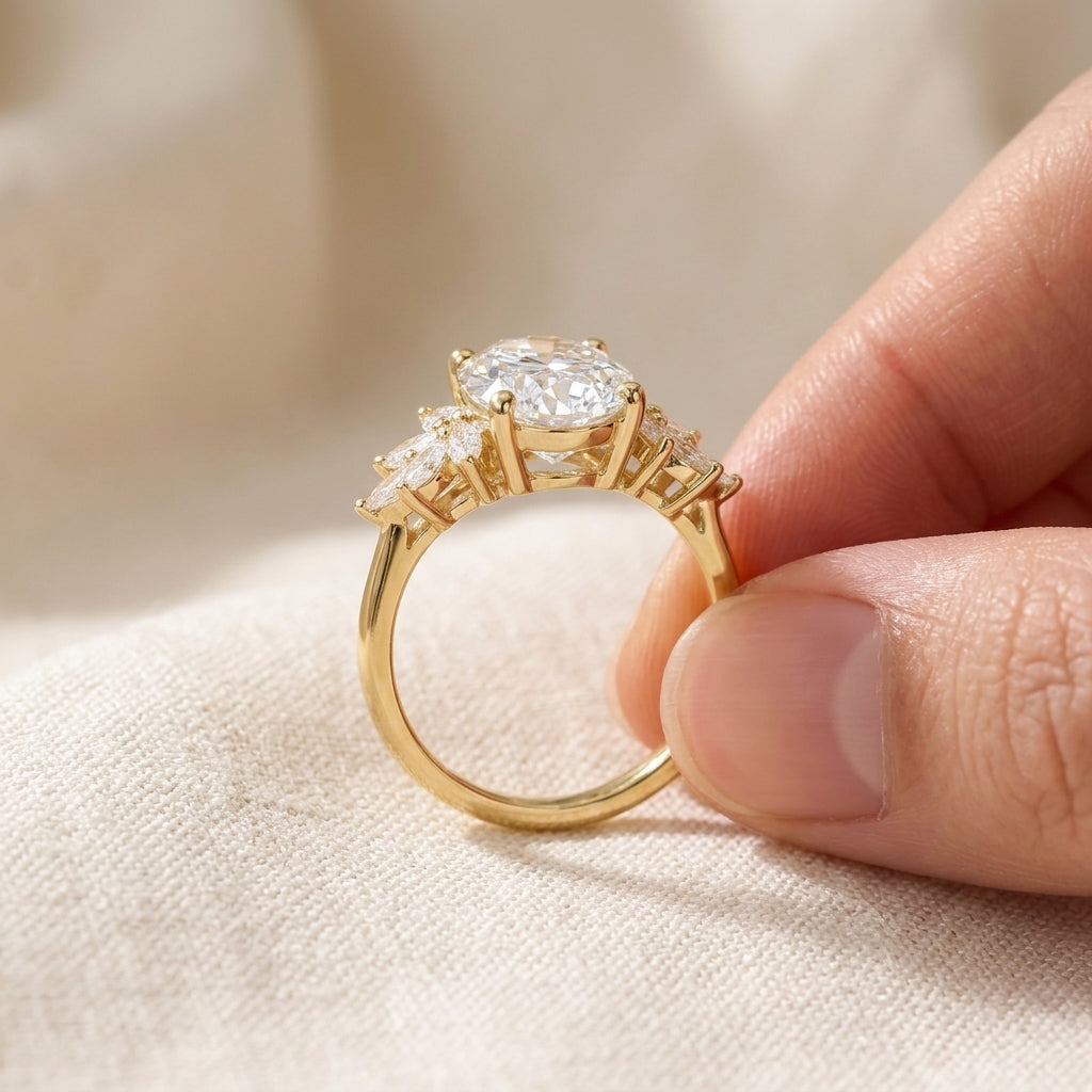 Oval Cut Lab Grown Diamond Engagement Ring, Marquise Floral Side Stones, Yellow Gold Nature Inspired Proposal Ring