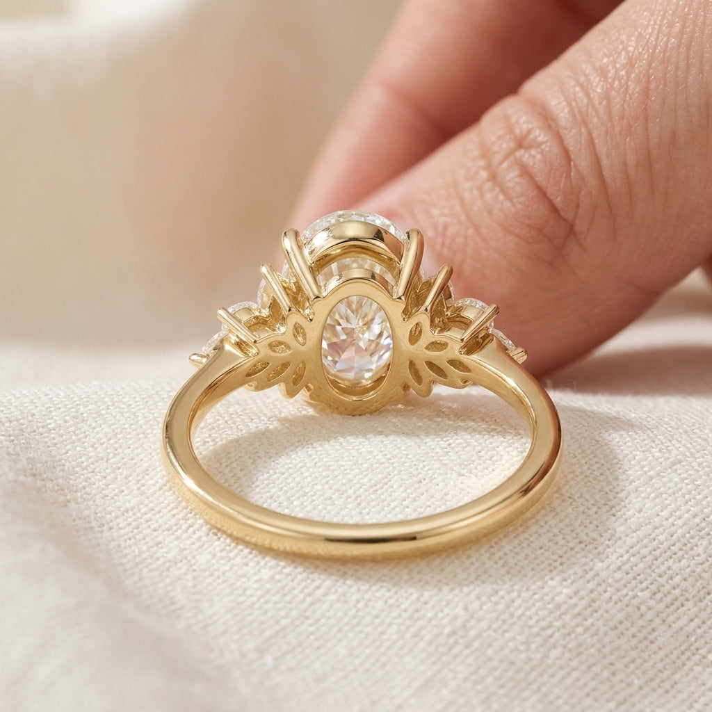 Oval Cut Lab Grown Diamond Engagement Ring, Marquise Floral Side Stones, Yellow Gold Nature Inspired Proposal Ring