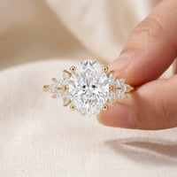 Oval Cut Lab Grown Diamond Engagement Ring, Marquise Floral Side Stones, Yellow Gold Nature Inspired Proposal Ring
