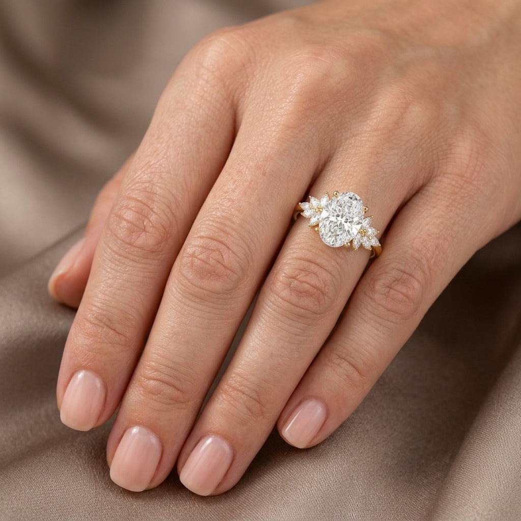Oval Cut Lab Grown Diamond Engagement Ring, Marquise Floral Side Stones, Yellow Gold Nature Inspired Proposal Ring