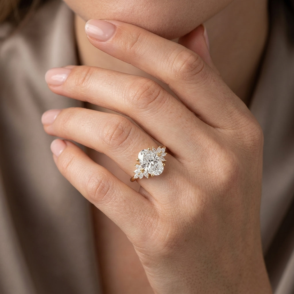 Oval Cut Lab Grown Diamond Engagement Ring, Marquise Floral Side Stones, Yellow Gold Nature Inspired Proposal Ring
