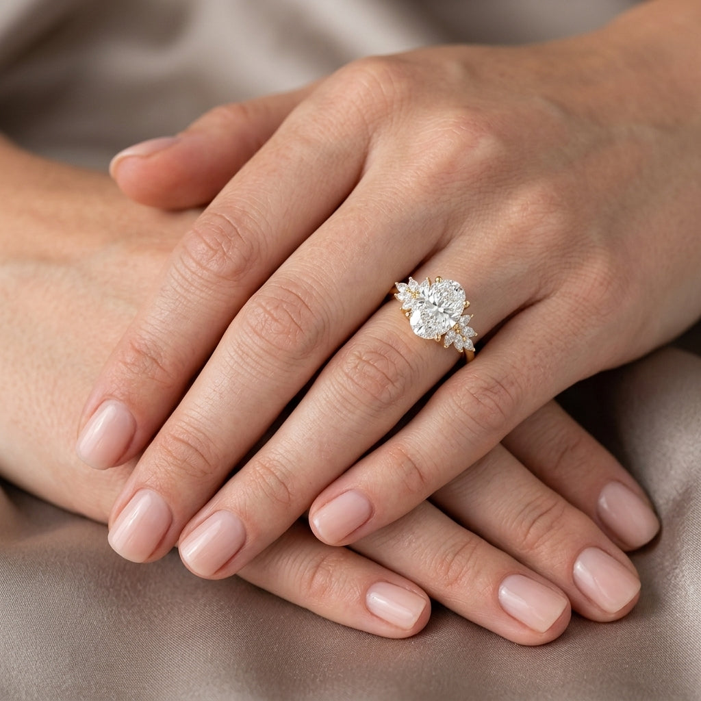 Oval Cut Lab Grown Diamond Engagement Ring, Marquise Floral Side Stones, Yellow Gold Nature Inspired Proposal Ring