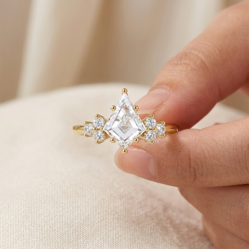 Kite Cut Lab Grown Diamond Engagement Ring, Round Diamond Cluster Side Stones, Yellow Gold Unique Proposal Ring