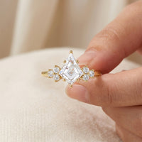Kite Cut Lab Grown Diamond Engagement Ring, Round Diamond Cluster Side Stones, Yellow Gold Unique Proposal Ring