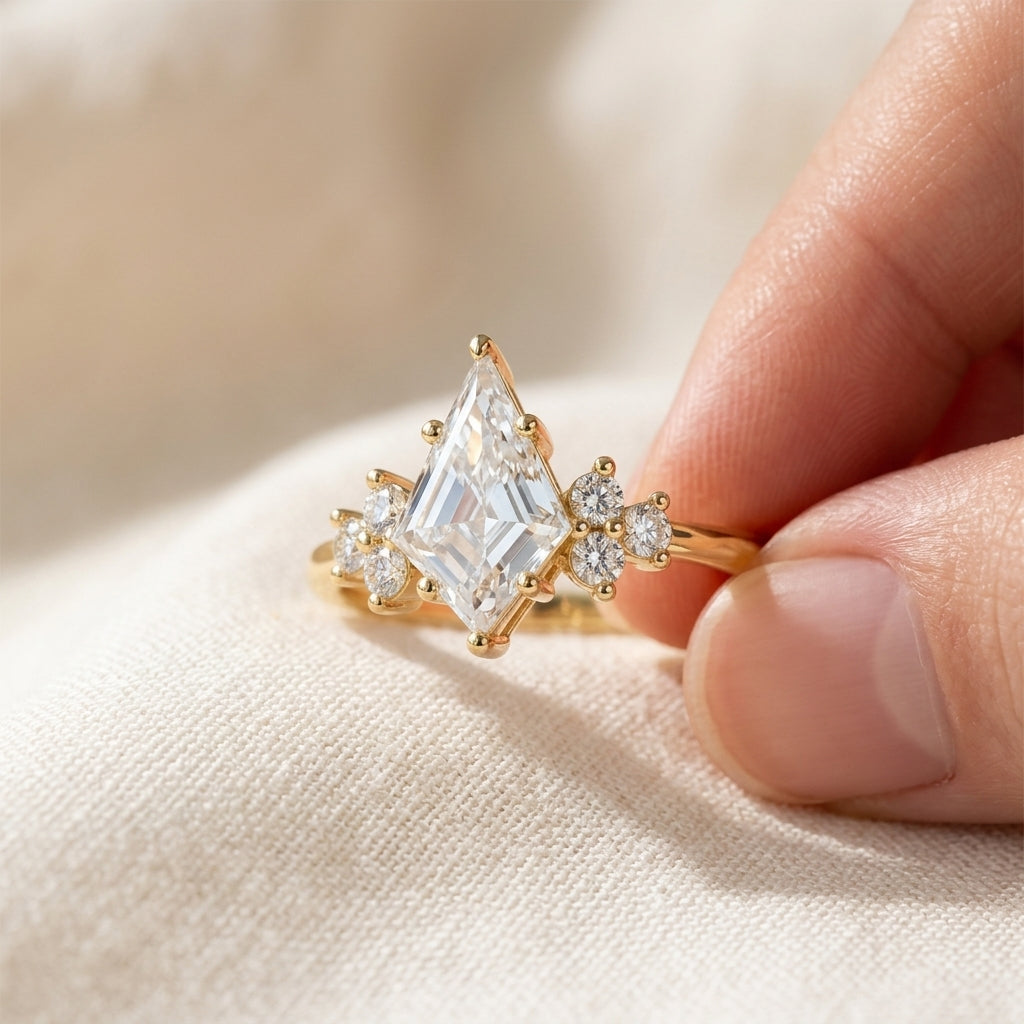 Kite Cut Lab Grown Diamond Engagement Ring, Round Diamond Cluster Side Stones, Yellow Gold Unique Proposal Ring