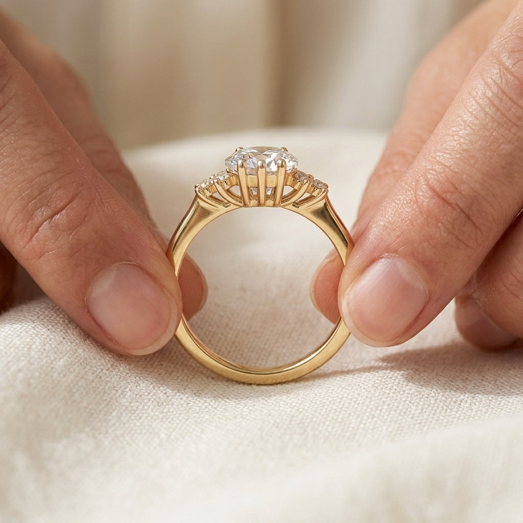 Kite Cut Lab Grown Diamond Engagement Ring, Round Diamond Cluster Side Stones, Yellow Gold Unique Proposal Ring