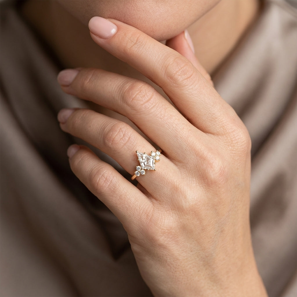 Kite Cut Lab Grown Diamond Engagement Ring, Round Diamond Cluster Side Stones, Yellow Gold Unique Proposal Ring