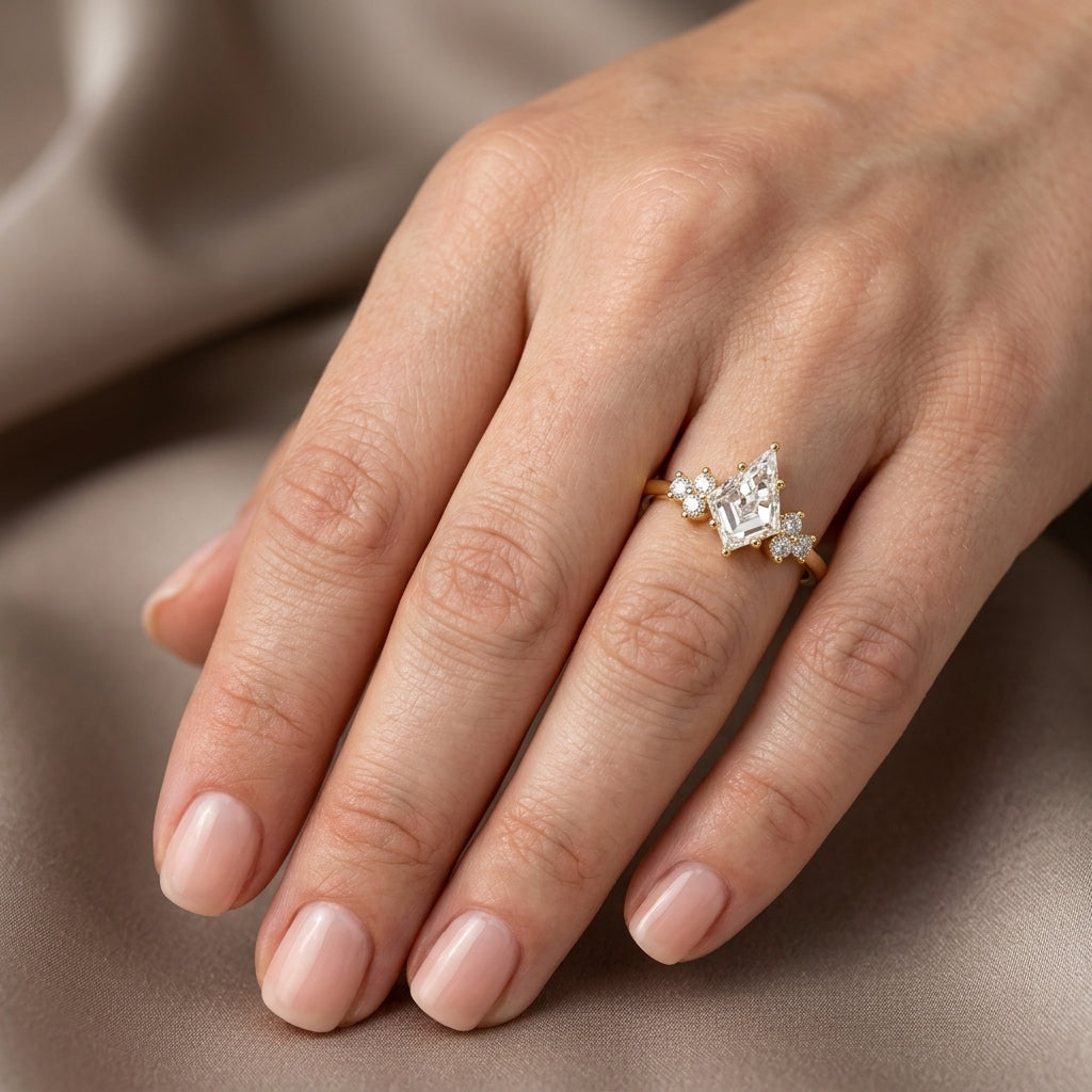 Kite Cut Lab Grown Diamond Engagement Ring, Round Diamond Cluster Side Stones, Yellow Gold Unique Proposal Ring