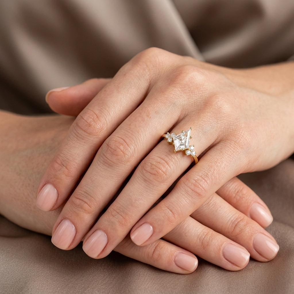 Kite Cut Lab Grown Diamond Engagement Ring, Round Diamond Cluster Side Stones, Yellow Gold Unique Proposal Ring