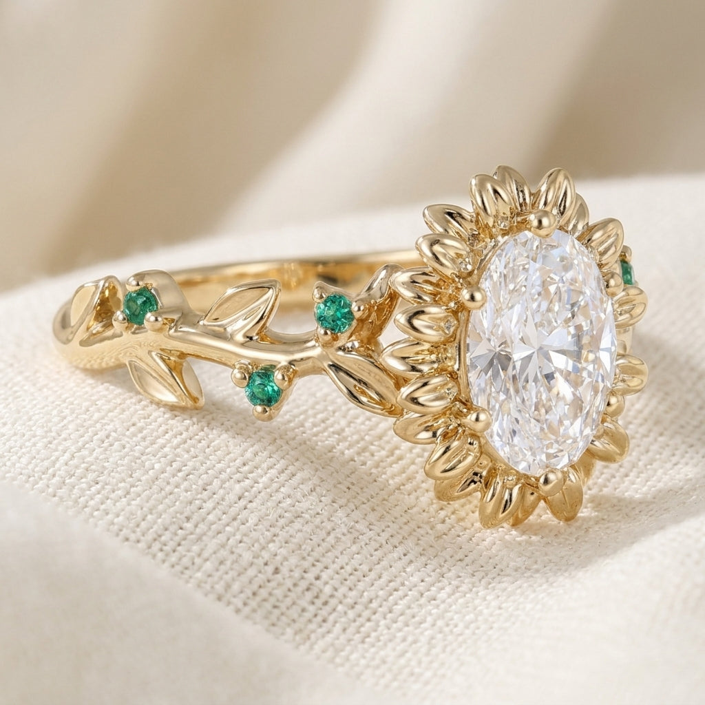 Oval Cut Lab Grown Diamond Engagement Ring, Sunflower Halo, Emerald Vine Band, Nature Inspired Yellow Gold Unique Proposal Ring