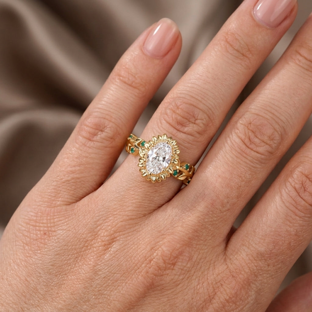 Oval Cut Lab Grown Diamond Engagement Ring, Sunflower Halo, Emerald Vine Band, Nature Inspired Yellow Gold Unique Proposal Ring