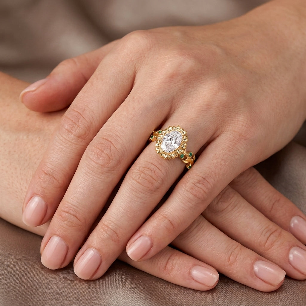 Oval Cut Lab Grown Diamond Engagement Ring, Sunflower Halo, Emerald Vine Band, Nature Inspired Yellow Gold Unique Proposal Ring