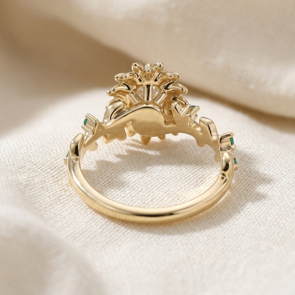 Oval Cut Lab Grown Diamond Engagement Ring, Sunflower Halo, Emerald Vine Band, Nature Inspired Yellow Gold Unique Proposal Ring