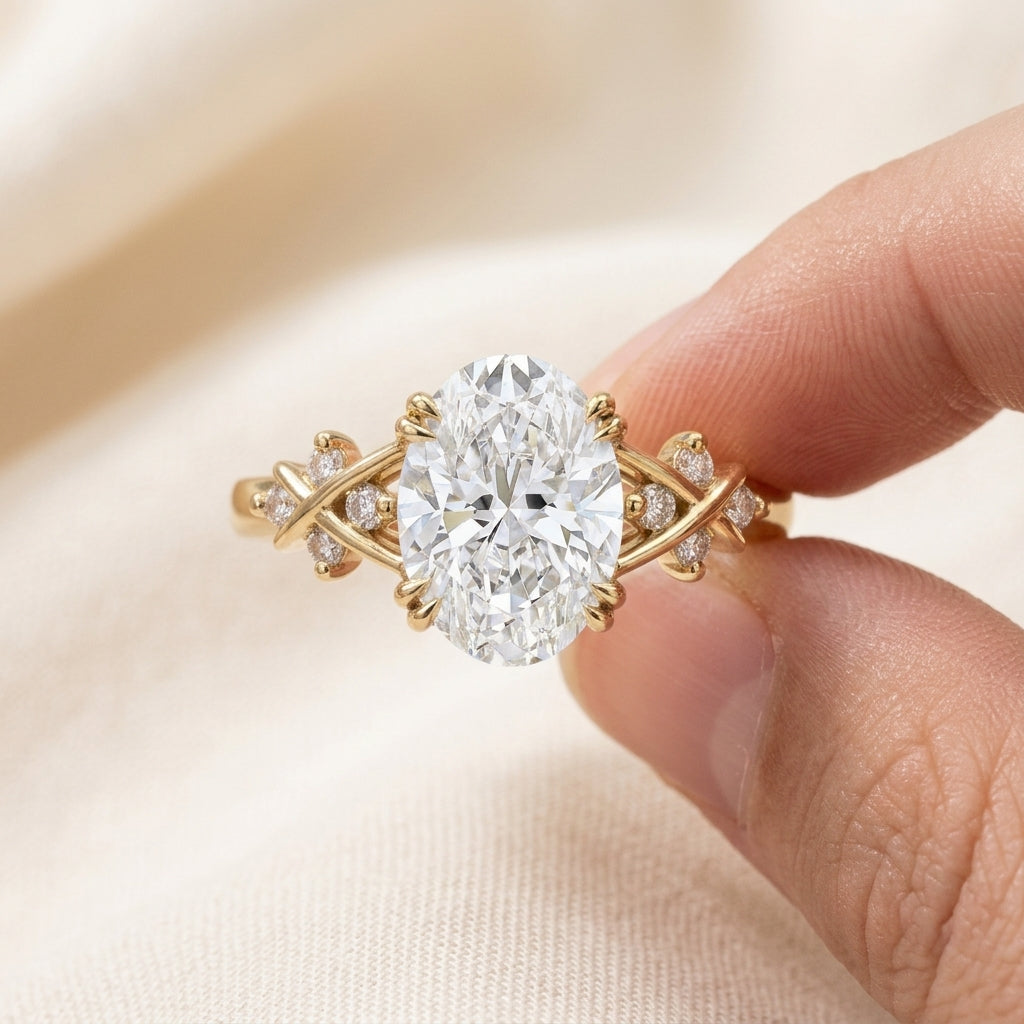 Oval Cut Lab Grown Diamond Engagement Ring, Twisted Vine Side Stones, Nature Inspired Yellow Gold Proposal Ring