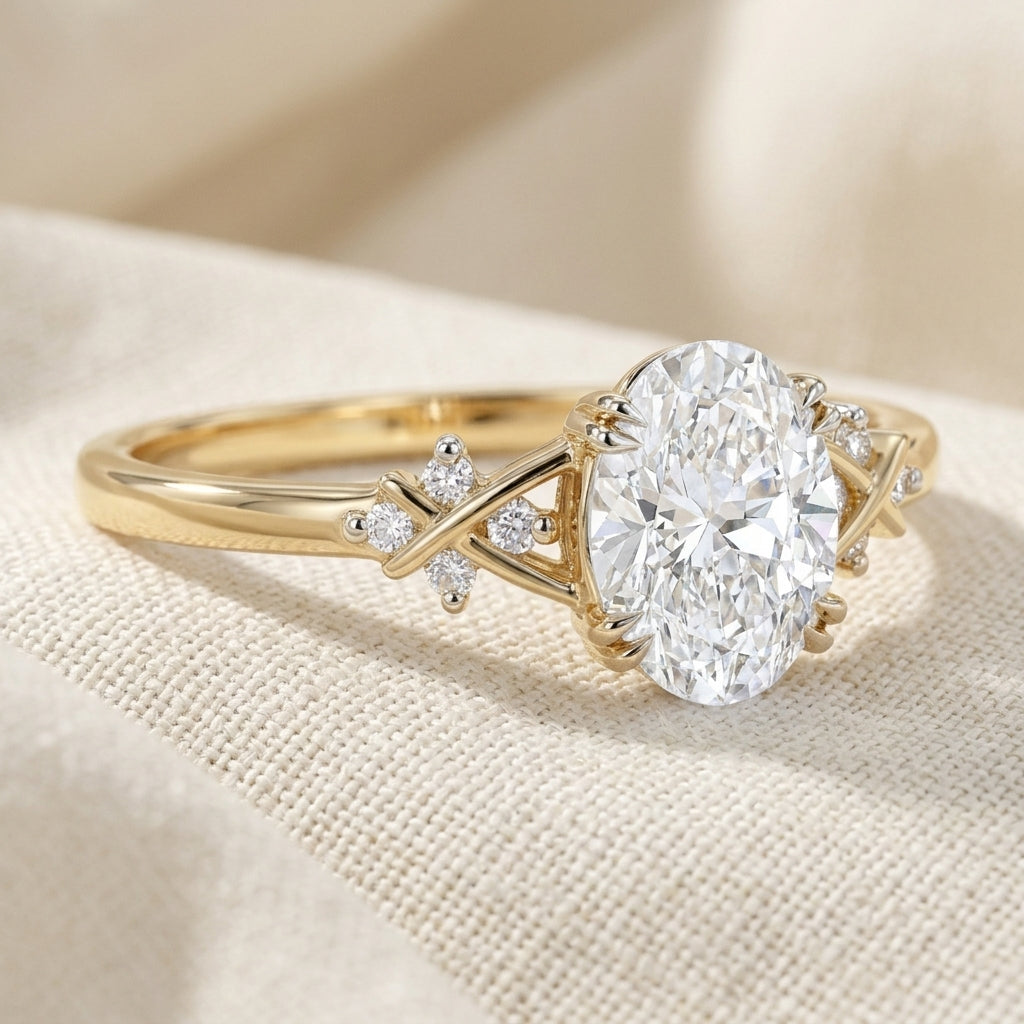Oval Cut Lab Grown Diamond Engagement Ring, Twisted Vine Side Stones, Nature Inspired Yellow Gold Proposal Ring