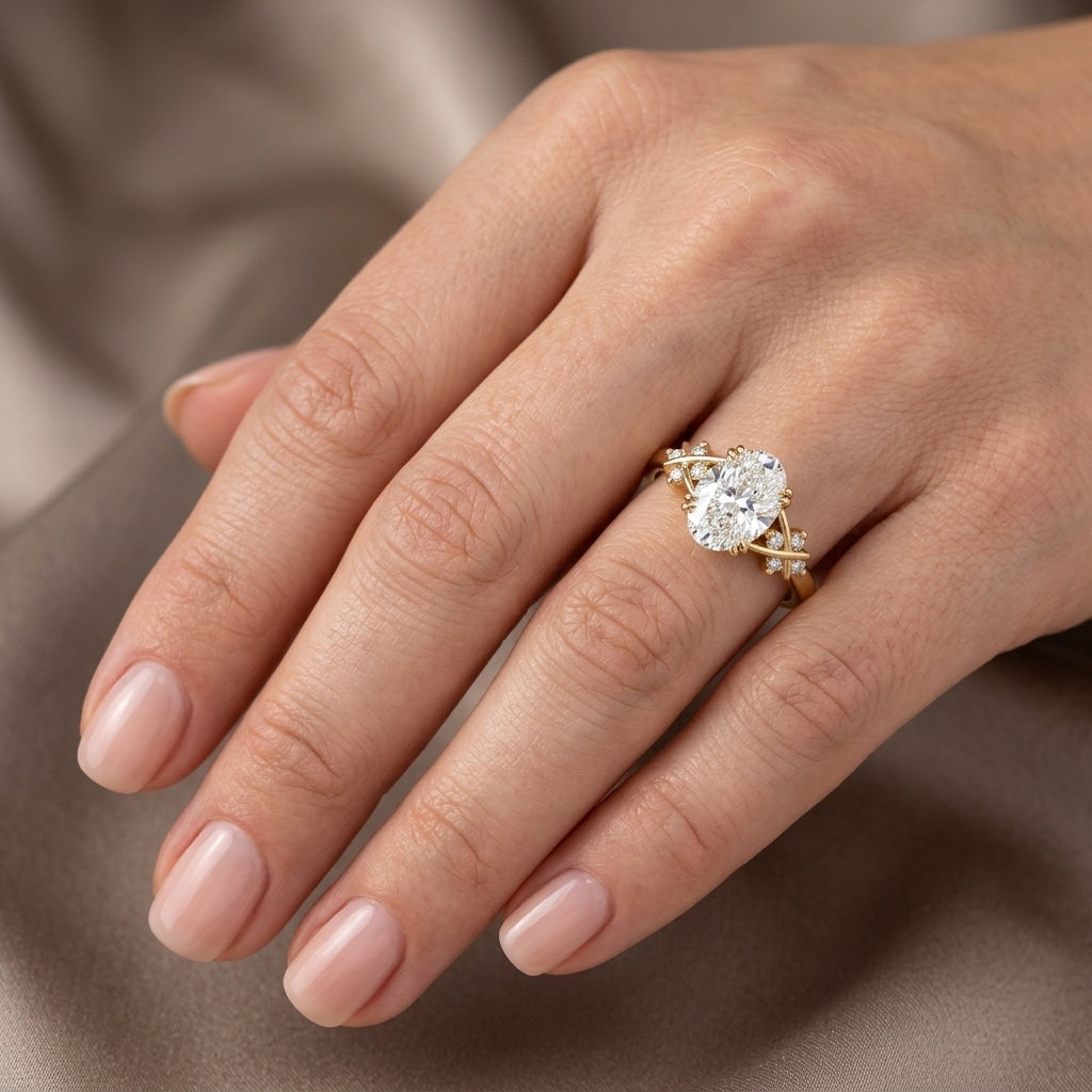 Oval Cut Lab Grown Diamond Engagement Ring, Twisted Vine Side Stones, Nature Inspired Yellow Gold Proposal Ring