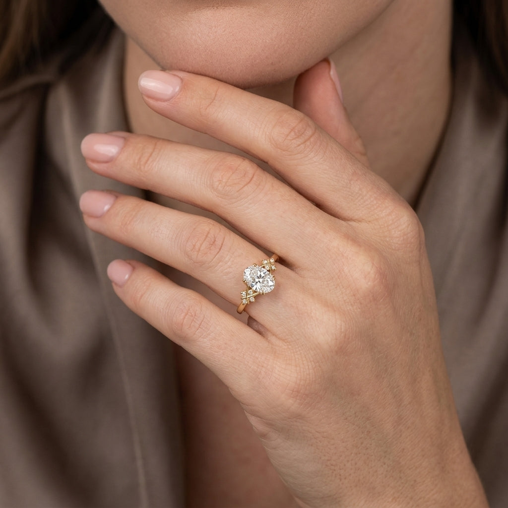 Oval Cut Lab Grown Diamond Engagement Ring, Twisted Vine Side Stones, Nature Inspired Yellow Gold Proposal Ring
