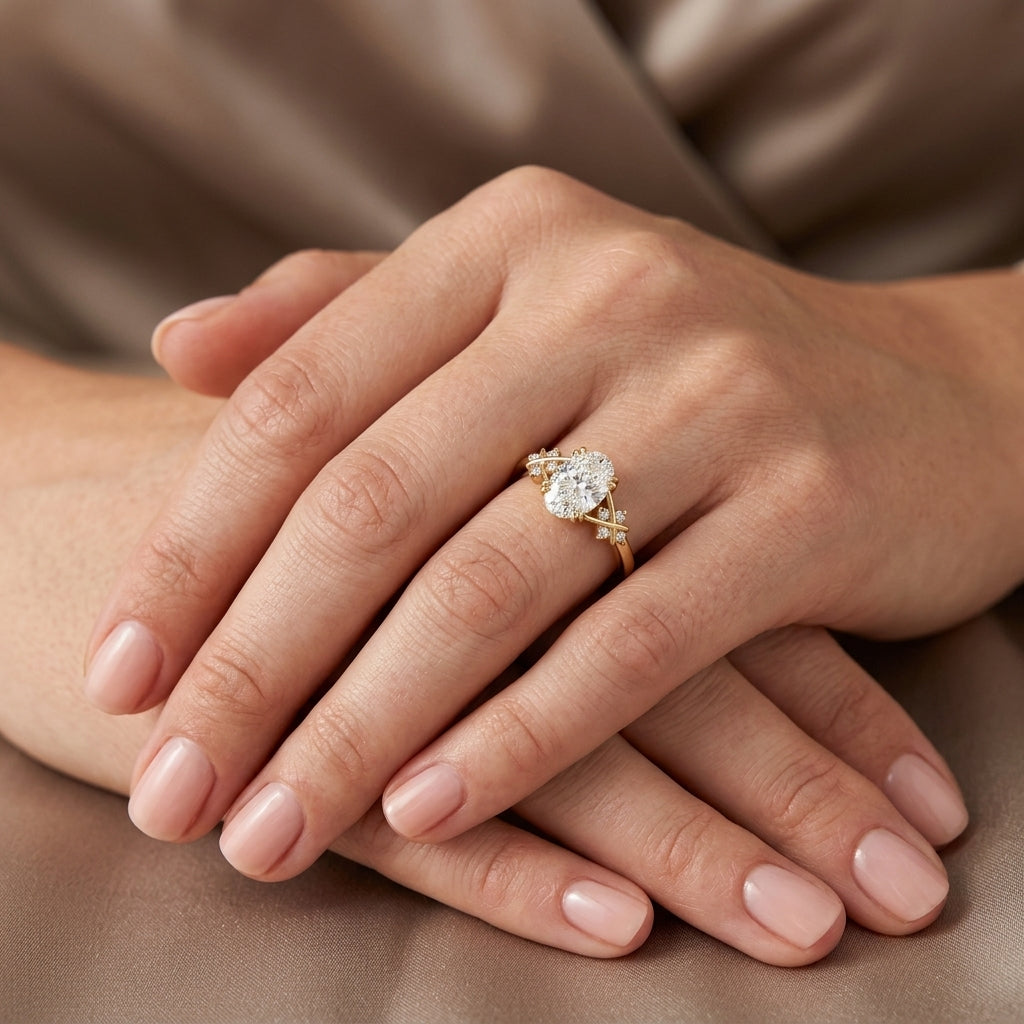 Oval Cut Lab Grown Diamond Engagement Ring, Twisted Vine Side Stones, Nature Inspired Yellow Gold Proposal Ring