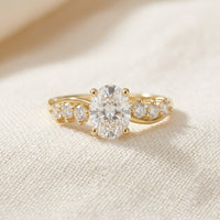 Oval Cut Lab Grown Diamond Engagement Ring, Round Side Stone Vine Band, Yellow Gold Nature Inspired Proposal Ring