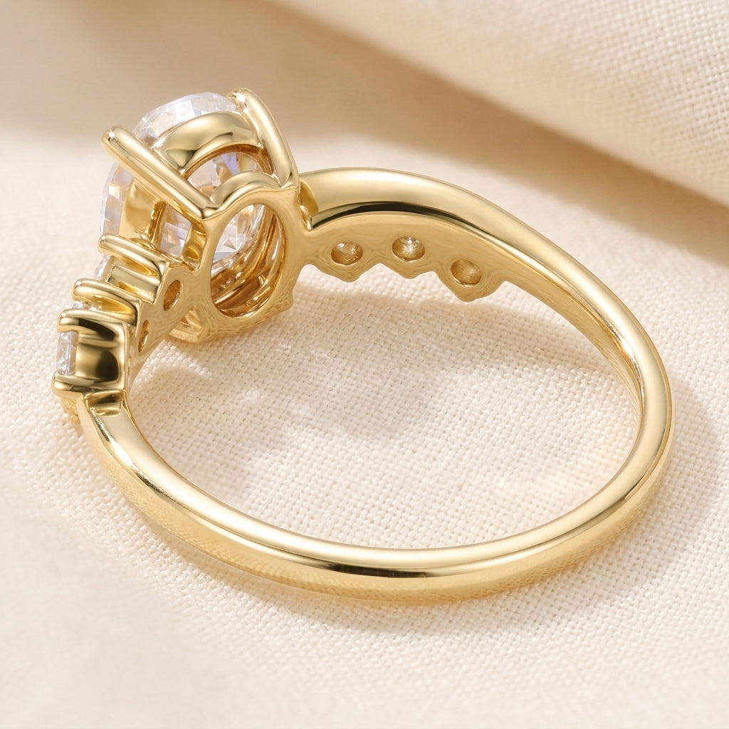 Oval Cut Lab Grown Diamond Engagement Ring, Round Side Stone Vine Band, Yellow Gold Nature Inspired Proposal Ring