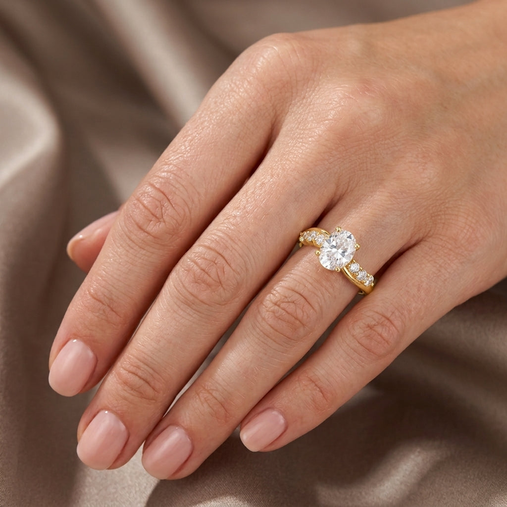 Oval Cut Lab Grown Diamond Engagement Ring, Round Side Stone Vine Band, Yellow Gold Nature Inspired Proposal Ring