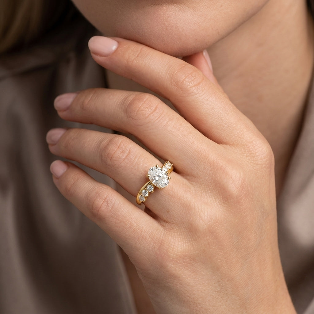 Oval Cut Lab Grown Diamond Engagement Ring, Round Side Stone Vine Band, Yellow Gold Nature Inspired Proposal Ring