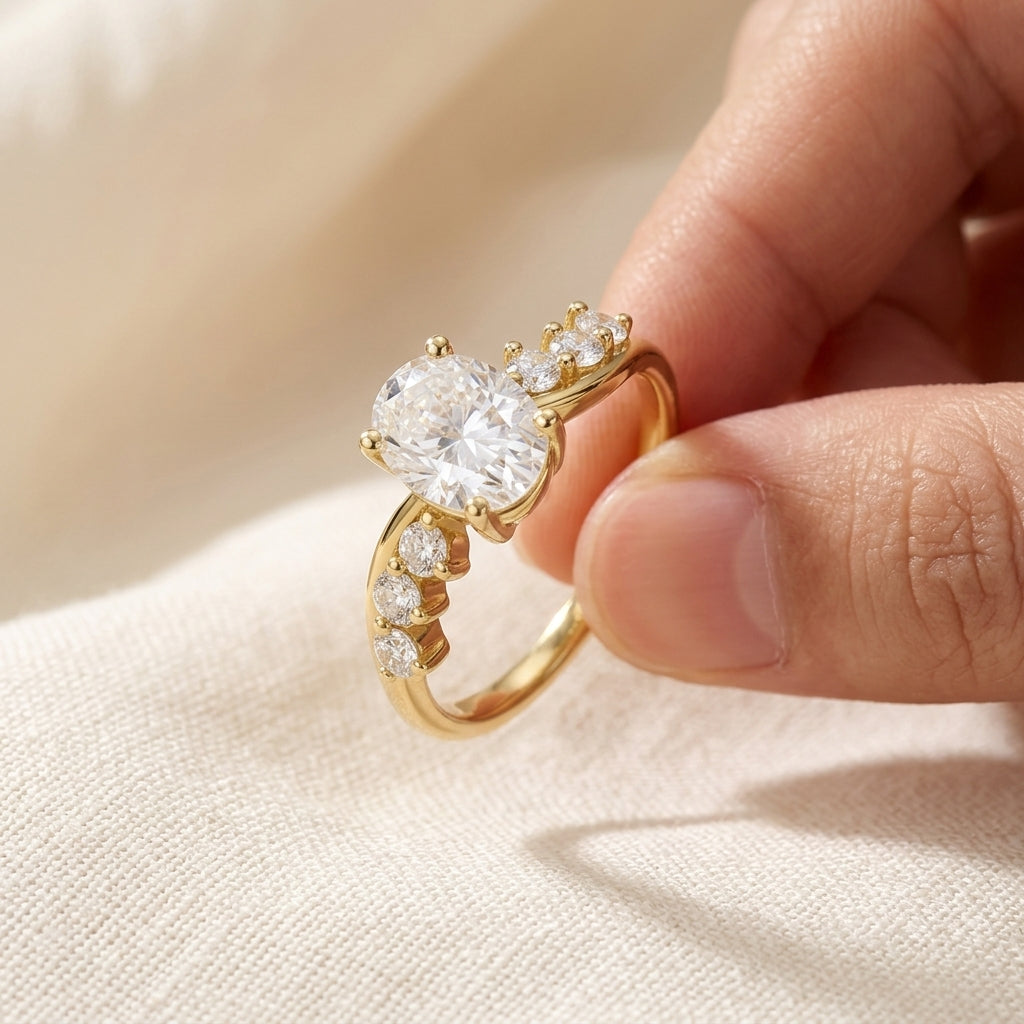 Oval Cut Lab Grown Diamond Engagement Ring, Round Side Stone Vine Band, Yellow Gold Nature Inspired Proposal Ring