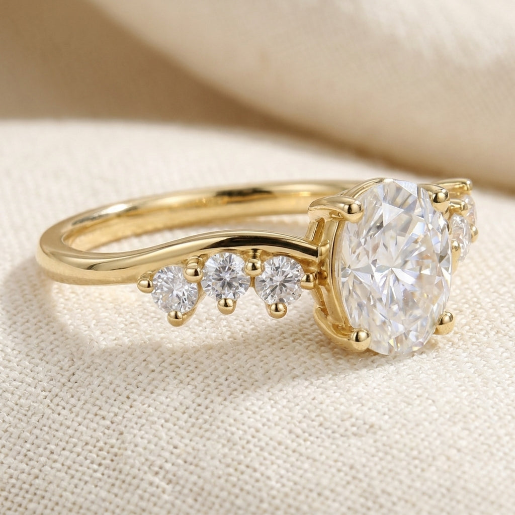 Oval Cut Lab Grown Diamond Engagement Ring, Round Side Stone Vine Band, Yellow Gold Nature Inspired Proposal Ring