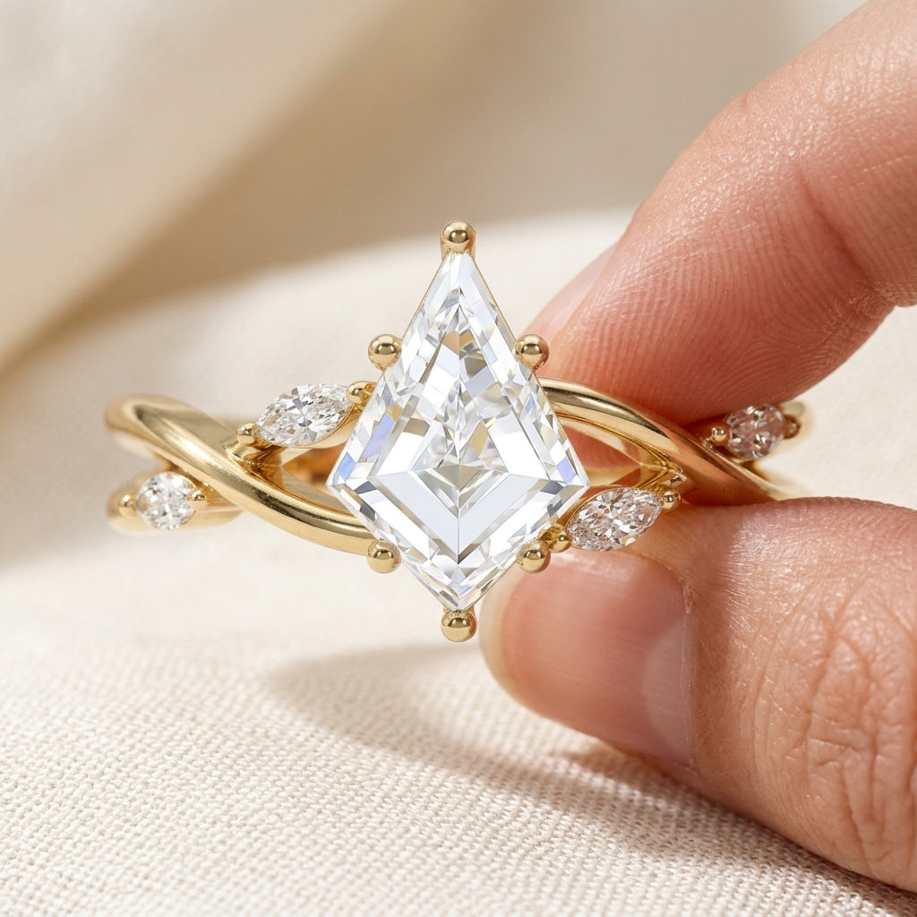 Kite Cut Lab Grown Diamond Engagement Ring, Nature Inspired Vine Setting, Marquise Side Stones, Unique Yellow Gold Proposal Ring