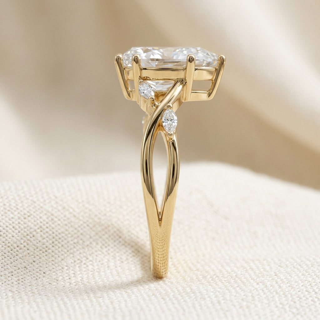Kite Cut Lab Grown Diamond Engagement Ring, Nature Inspired Vine Setting, Marquise Side Stones, Unique Yellow Gold Proposal Ring