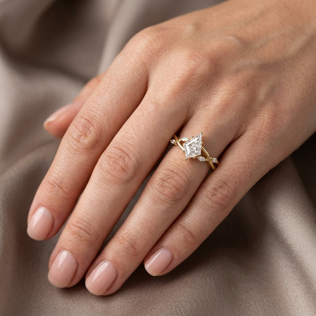 Kite Cut Lab Grown Diamond Engagement Ring, Nature Inspired Vine Setting, Marquise Side Stones, Unique Yellow Gold Proposal Ring