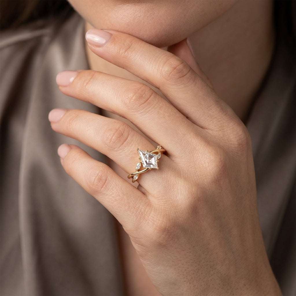 Kite Cut Lab Grown Diamond Engagement Ring, Nature Inspired Vine Setting, Marquise Side Stones, Unique Yellow Gold Proposal Ring