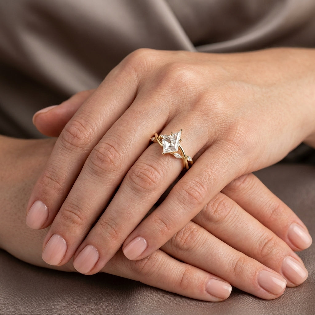 Kite Cut Lab Grown Diamond Engagement Ring, Nature Inspired Vine Setting, Marquise Side Stones, Unique Yellow Gold Proposal Ring